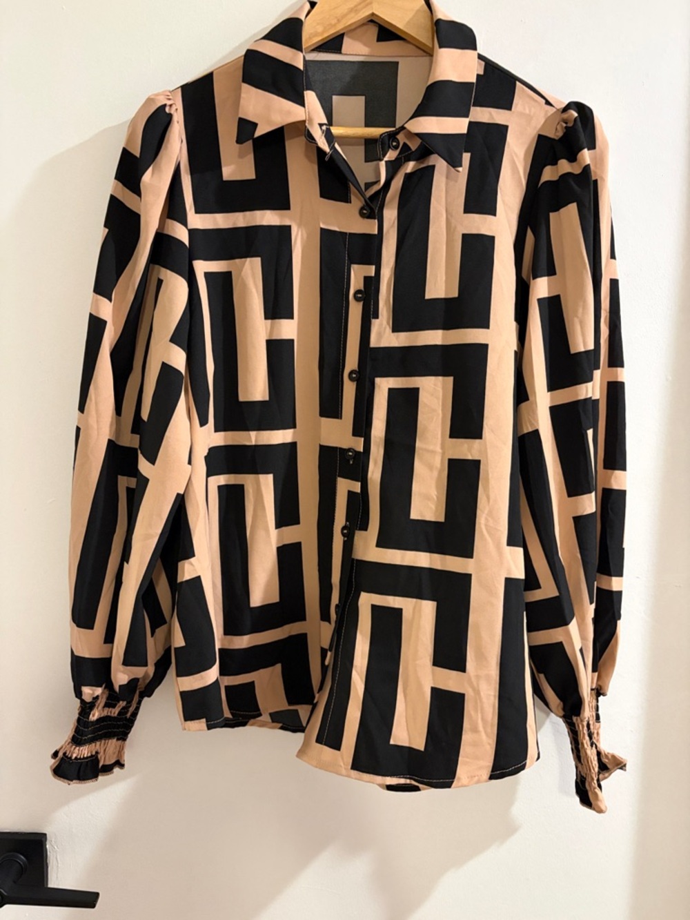 Geometric Button-Up Blouse in Beige and Black size medium
